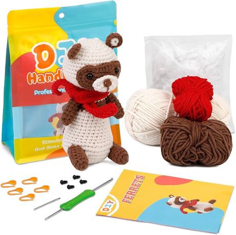 Crochet Animal Kit, DIY Crochet Kit For Beginners, Cute Animal Kit Ferret Starter Pack With Yarn Balls, Crochet Hooks, Knitting Stitch Markers, Needles, Instruction, Accessories Kit for Beginners