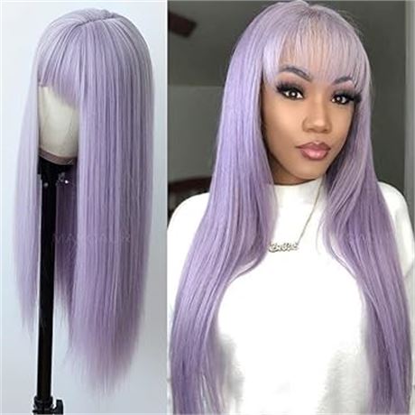 22 Inch Maycaur Purple Color Synthetic Hair Wigs with Full Bangs Straight Women