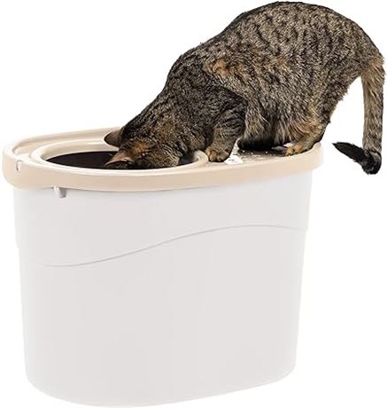 IRIS USA Large Simple Round Top Entry Cat Litter Box with Scoop, Curved Kitty Li