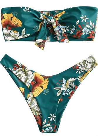 Women Swimwear Knot Floral Bandeau Bikini Set Strapless Padded Swimsuit Beach