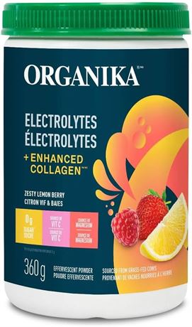 Organika Electrolytes + Enhanced Collagen- Zesty Lemon Berry Flavour- Sugar-Free Hydration + Protein 360 gram - 30 Servings