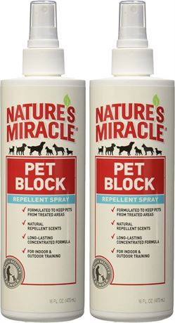 2 PACK, 16 fl oz ea - Nature's Miracle Pet Block Repellent Spray. *PACKAGE MAY V