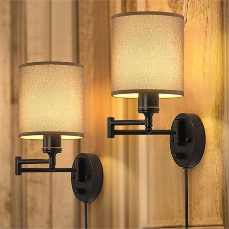 Set of 2 - CADUKE Wall Lamps Plug in, Swing Arm Wall Sconce w/ Grey Lamps