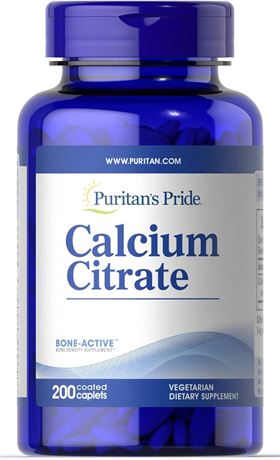Exp:04/25, Puritan's Pride Calcium Citrate 200 Mg per coated caplet, White, 200