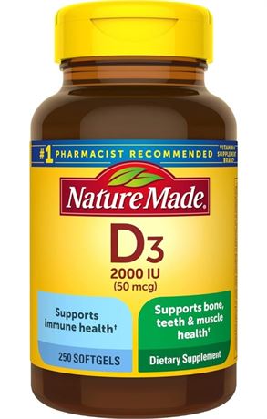 Nature Made, Vitamin D3 2,000 I.U. Liquid Softgels, 250-Count (Pack of 2)