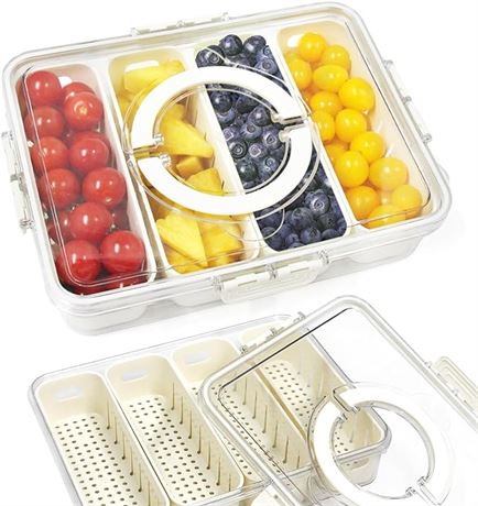 Yuroochii Divided Serving Tray Fresh-keeping Box with Lid&Handle, 4 Compartments