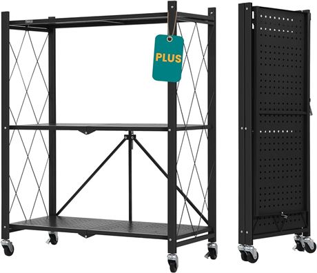 ALANNG Metal Shelves for Storage, 3 Tier Rolling Cart with Wheels, Collapsible G