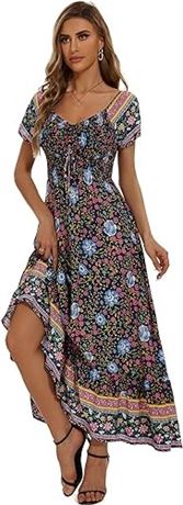 Women's Summer Floral Maxi Dress Casual Short Sleeve Flowy SZ XL