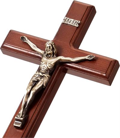 ARCHOBAN Crucifix Wall Cross Catholic, 12 Inch Wooden Cross with Jesus Christ for Home Decor - Brown + Antique Brass