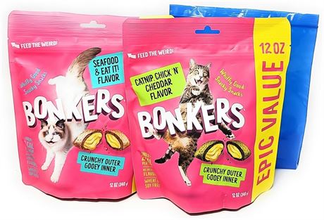 Bonkers Seafood and Catnip Flavor Crunchy Cat Treats, 12oz (Variety Pack of 2)