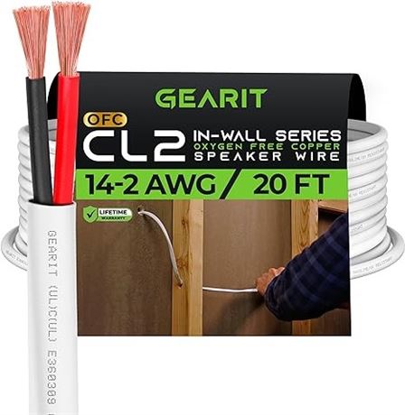 GearIT 14/2 Speaker Wire (20 Feet) 14AWG Gauge - Fire Safety in Wall Rated Audio