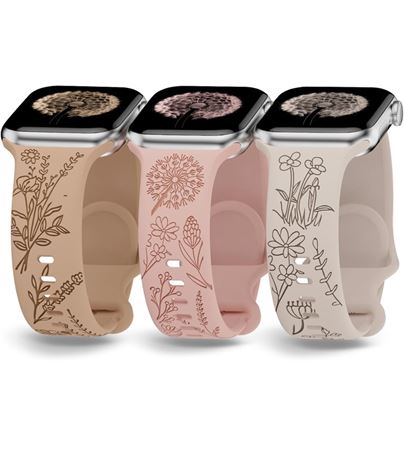 3 Pack Flower Engraved Bands Compatible with Apple Watch Band 38mm 40mm 41mm 42m