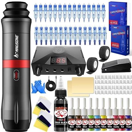 Rotary Tattoo Pen Kit for Beginners with 30Pcs Cartridges Needles and 10 Color