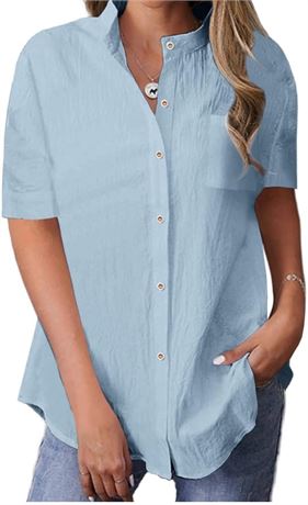 Size S, Langwyqu Buttons Down Casual V Neck Solid Shirt Short Sleeves