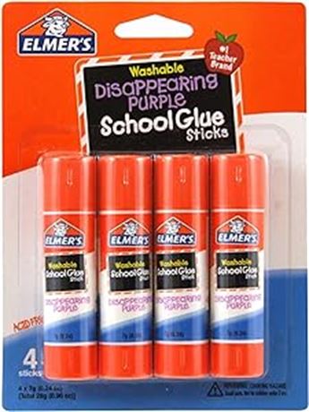 2 Pack, Elmer's Disappearing Purple School Glue Sticks, 0.24 oz Each, 4 Sticks
