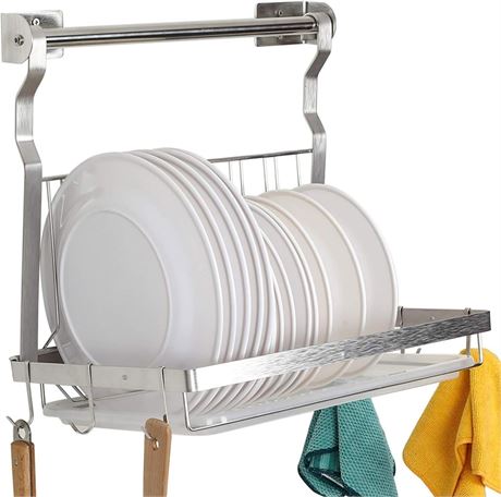 TQVAI Stainless Steel Dish Drying Rack with Drainboard Hanging Rod and Sponge Ho