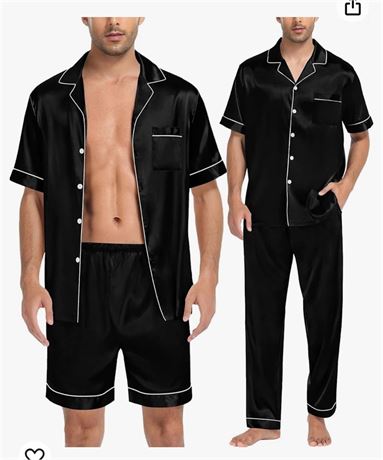 SWOMOG Mens 3pcs Pajamas Set Silk Satin Short Sleeve Sleepwear Button Down Pjs C