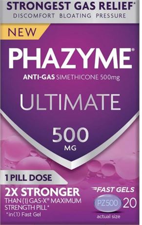 Phazyme Ultimate 500mg Anti-Gas Fast Gels, Gas Bloating Relief Works in Minutes