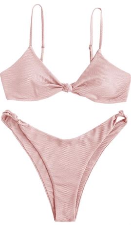 M - Pink Women's Scoop Neck Padded Ribbed High Cut Bikini Set Two Piece Swimsuit
