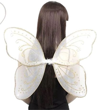 White Fairy Wings with Gold Glitter and Angel Halo Headband Halloween Costume