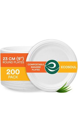 ECO SOUL 100% Compostable 9 Inch Paper Plates [200-Pack] Disposable Party Plates