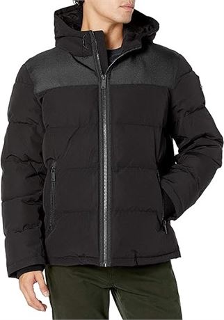 DKNY Mens Shawn Quilted Mixed Media Hooded Puffer Jacket