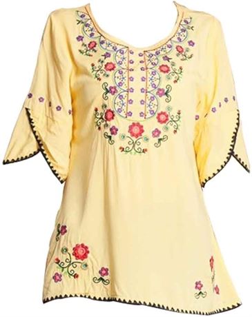 L, Mexican Shirts Peasant Blouses Cotton Embroidered 3/4 Sleeve Bohemian Tops Bo