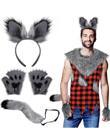 Liitrsh 4 Pcs Werewolf Costume Set Adult Wolf Shirt Tail Ears Gloves for Hallowe