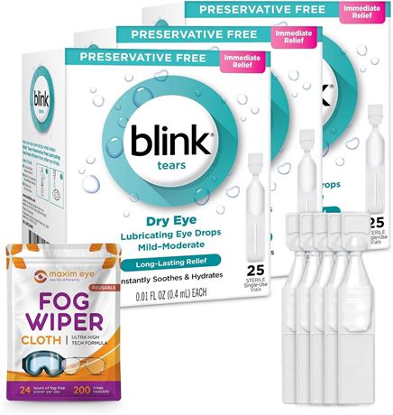 Blink Tears 25 Vials Lubricating Eye Drops, 3 Pack, Mild-Moderate Dry Eye, 0.01