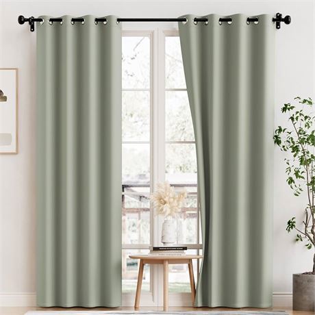 H.VERSAILTEX 100% Blackout Curtains for Bedroom Thermal Insulated Blackout Curtains 84 inch Length Heat and Full Light Blocking Curtains for Living Room with Black Liner 2 Panels Set, Light Sage
