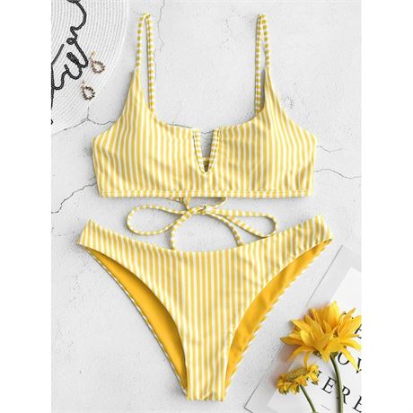 ZAFUL for Women V-wired Tie Striped Bikini Set Rubber Ducky Yellow