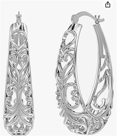 LeCalla 925 Sterling Silver Hoop Earrings | 925 Silver Filigree Hoops Earring |