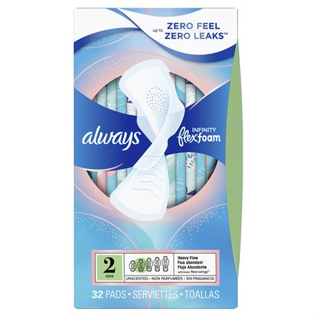 Always Infinity Feminine Pads for Women Size 2 Heavy with Wings Unscented 32 Ct