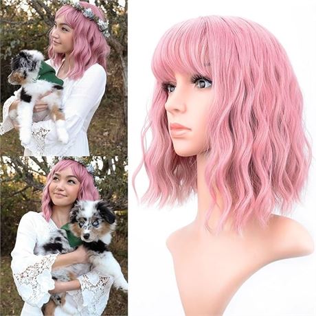Pastel Wavy Wig With Air Bangs Women's Short Bob Purple Pink Wigs Curly 12 Inch