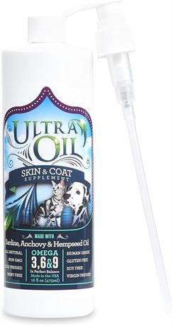 Ultra Oil Skin and Coat Supplement for Dogs and Cats with Hemp Seed Oil, Flaxsee