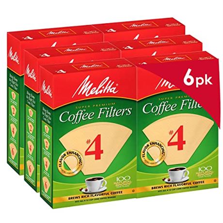 Melitta #4 Cone Coffee Filters, Natural Brown, 100 Count (Pack of 6) 600 Total F