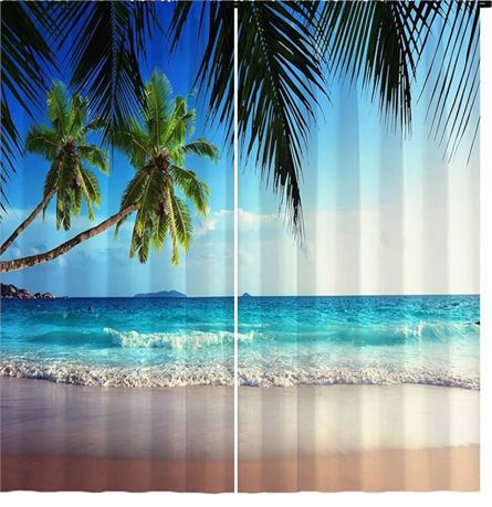 ANHOPE Beach Curtain, Tropical Coastal Hawaiian Island Palm Trees Summer Ocean W