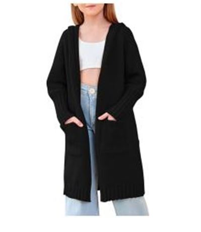 5 - 14YR Girls Hooded Long Cardigan Kids Fashion Open Front Knit Sweater Outerwe