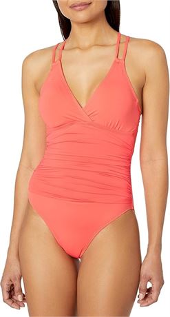 M, Tummy Control One Piece Swimsuits for Women Ruched Bathing Suits Strappy V Ne