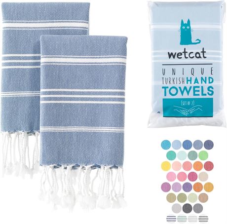 WETCAT Turkish Hand Towels with Hanging Loop (20 x 30) - Set of 2, 100% Cotton,