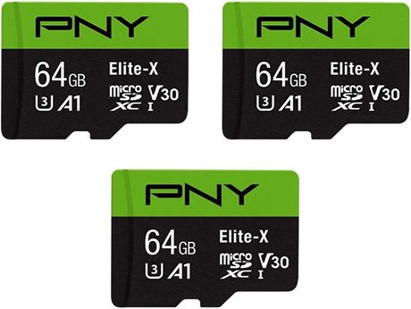 PNY 64GB Elite-X Class 10 U3 V30 microSDXC Flash Memory Card, 3 Count