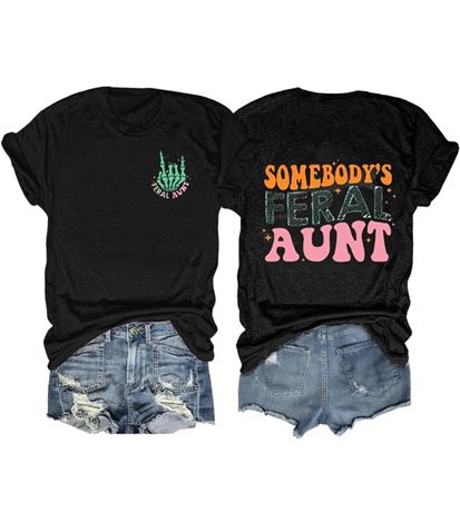 SIZE:S, Somebody's Feral Aunt T-Shirt for Women Auntie Gift Shirt Cool Aunts Clu