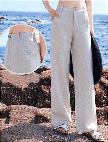 Large - Hooever Womens Casual High Waisted Wide Leg Pants Button Up Straight Leg