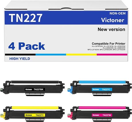 TN227 TN-227BK/C/M/Y High Yield Toner Cartridge 4 Pack: Compatible Replacement