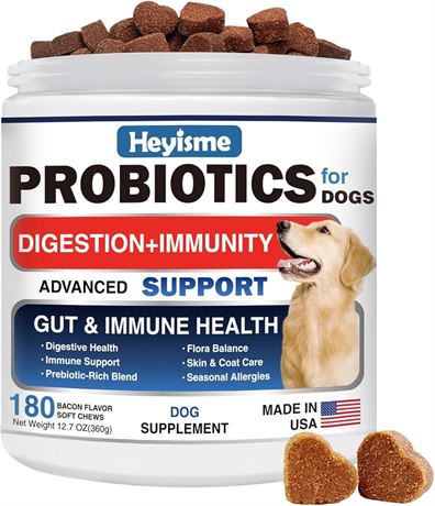 Probiotics for Dogs, Improve Yeast Balance, Itchy Skin Itchy Ears, Gut Health, Allergies, Immunity, Dog Probiotics and Digestive Enzymes with Prebiotics - Reduce Diarrhea (180 Chews, Bacon)