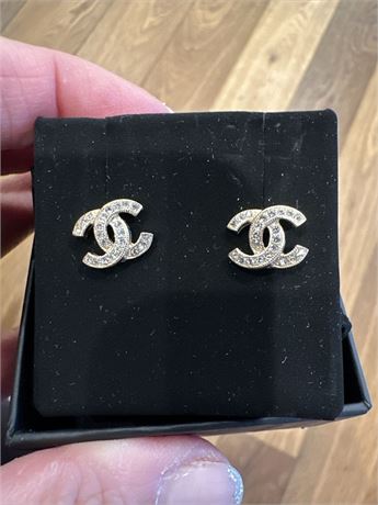 Authentic CHANEL Gold Tone CC Logo Crystal Earrings