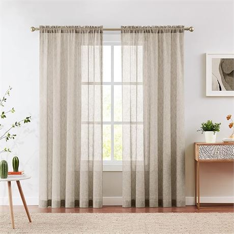 2 Panels, 52x96 Inch, Melodieux Tan Linen Sheer Curtains 96 Inches Long for Livi