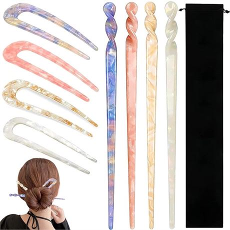 8 Pieces Acetate Hair Pins Sticks U-Shaped Straight Chopsticks Hairpin Hair Styl