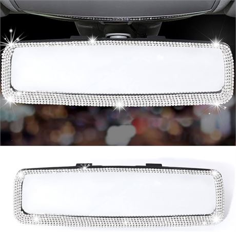 LivTee Bling Car Rearview Mirror, Decorations Rear View Mirror with HD Glass, Interior Accessories for Women and Teens - White