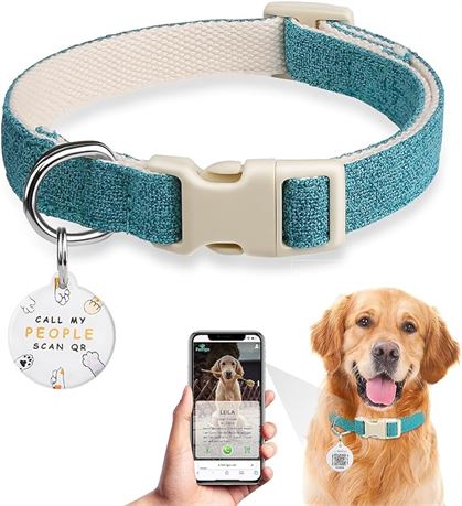 SMALL- Dog Collar with QR Code ID Tag, Heavy Duty Dog Collars Cotton Hemp Durabl